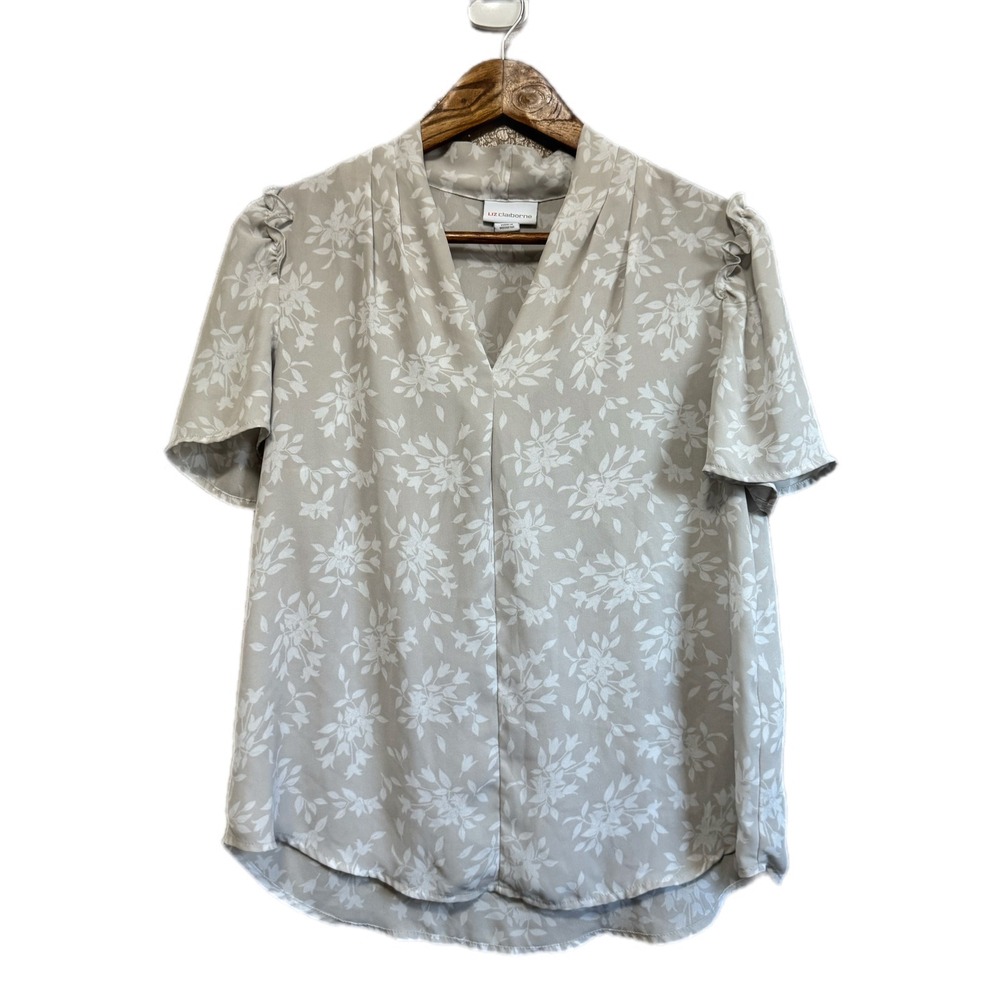 Liz Claiborne Floral V-Neck Blouse Womens Small Gray Excellent Ruffle Sleeve